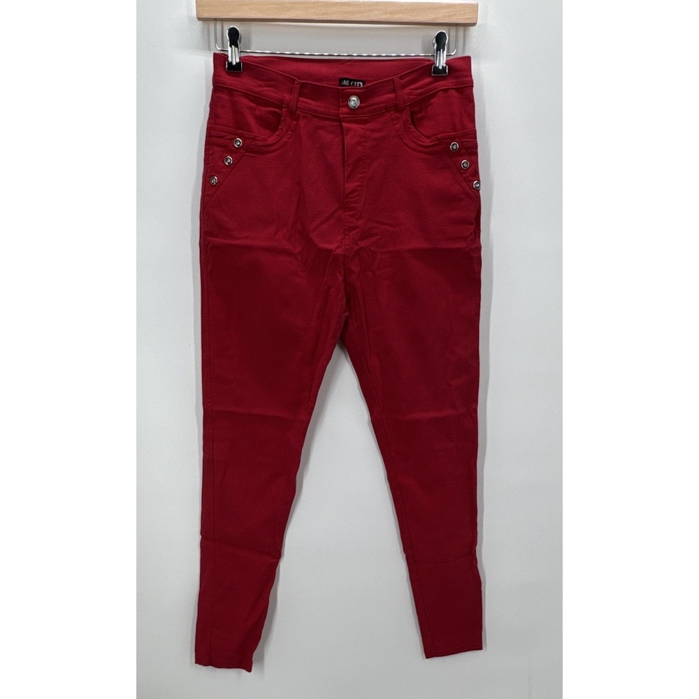 Bae City Womens Red Skinny Jeans 1X Plus Slim Stretch 5-Pocket Button Accents